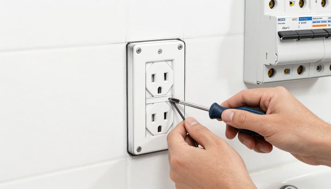 Hand-drawn graphite sketch depicting a close-up of an electrician installing a GFCI outlet in a bathroom wall next to the sink, with an AFCI breaker panel nearby, tools on workbench, and one hand holding a wire.