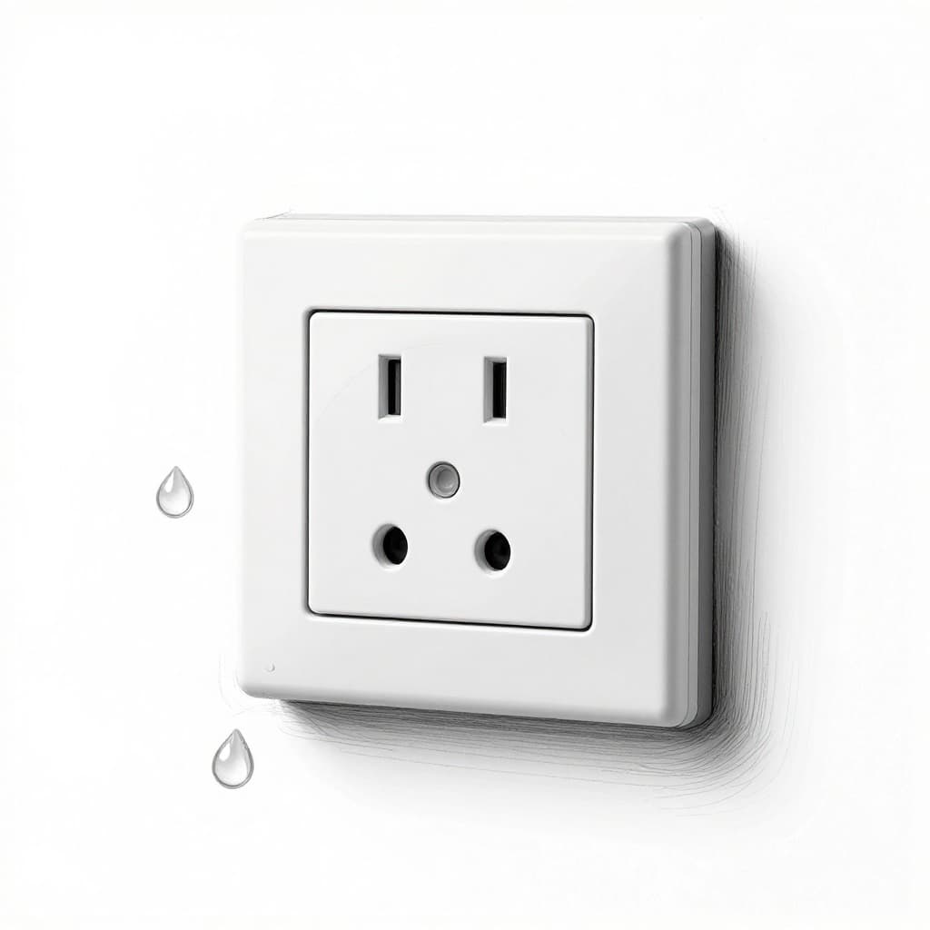 Hand-drawn graphite sketch of a GFCI outlet in a bathroom near the sink, featuring test and reset buttons with water droplets nearby on a white background, illustrating circuit interruption for safety.