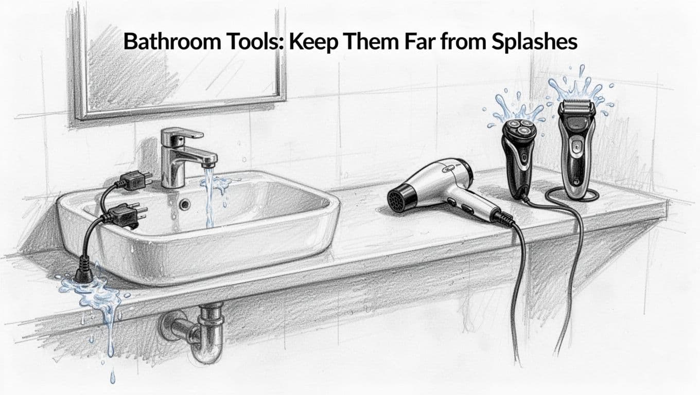 Hand-drawn graphite linework sketch on white paper showing a hair dryer and electric shaver unplugged and placed far from the sink on a dry shelf, emphasizing safety with clean dry surfaces and no water nearby.