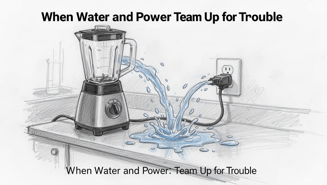Hand-drawn graphite sketch on white paper showing water spilling from a blender on a kitchen counter towards a nearby electrical outlet, with droplets splashing close but not touching, emphasizing the electrical spill risk.