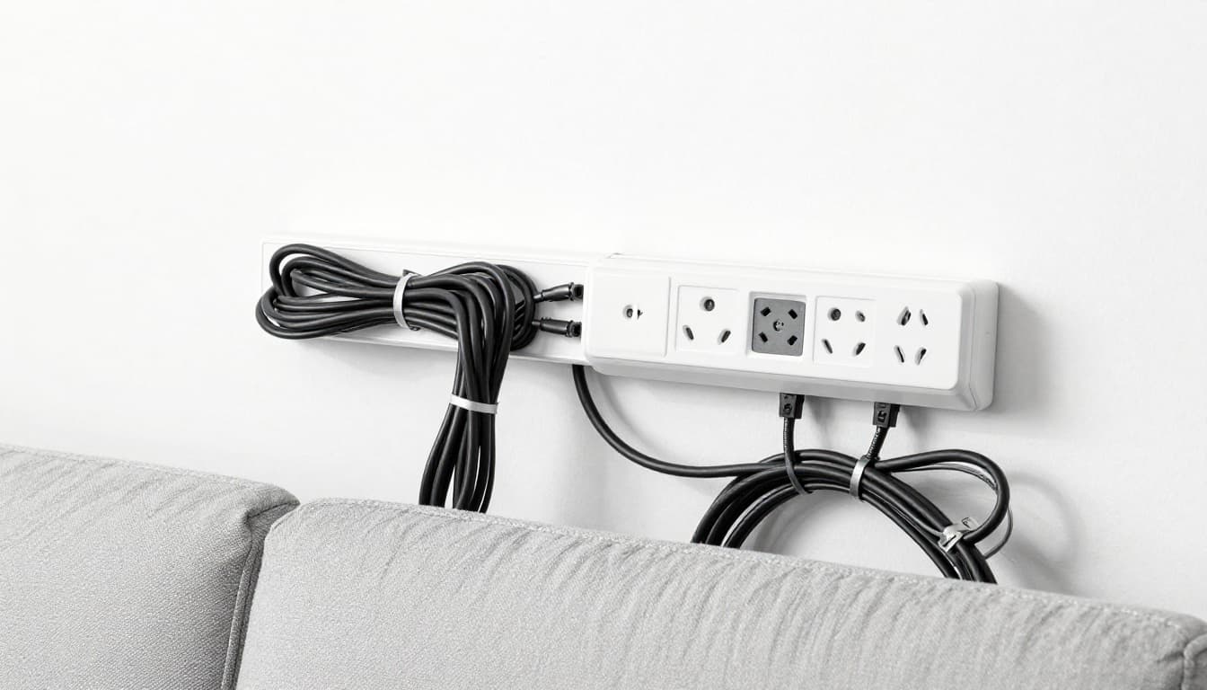 Hand-drawn graphite sketch of electrical cords bundled with clips and zip ties, hidden behind a sofa, power strip mounted high on wall, tidy living room corner on white background.