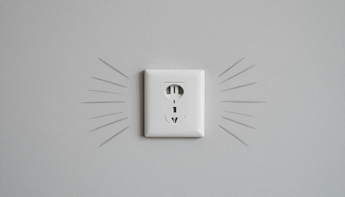 Hand-drawn graphite sketch of a household electrical outlet and light switch on a bedroom wall, featuring subtle vibration lines to depict buzzing sounds.