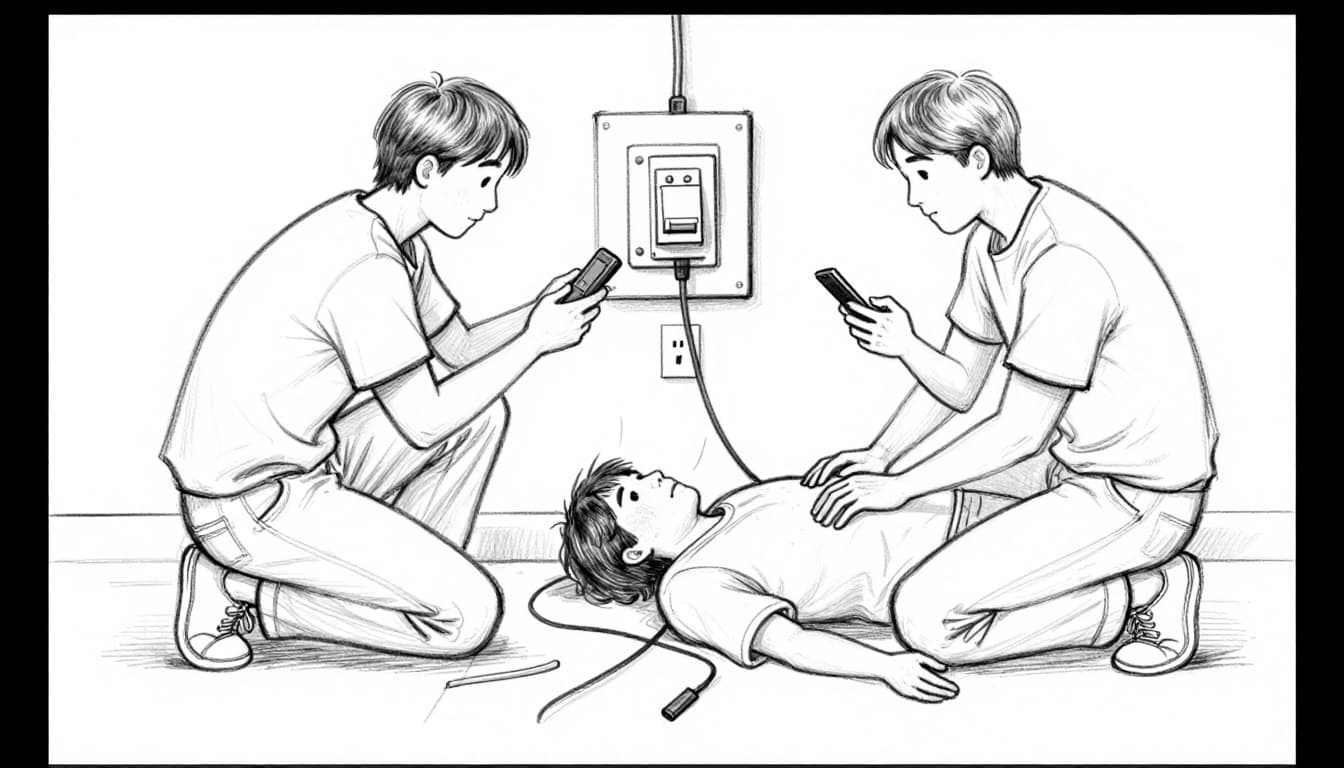 Hand-drawn graphite sketch of a home electrical emergency: one person safely calling 911 away from the shocked victim on the floor near an outlet, with the breaker panel switched off in the background.