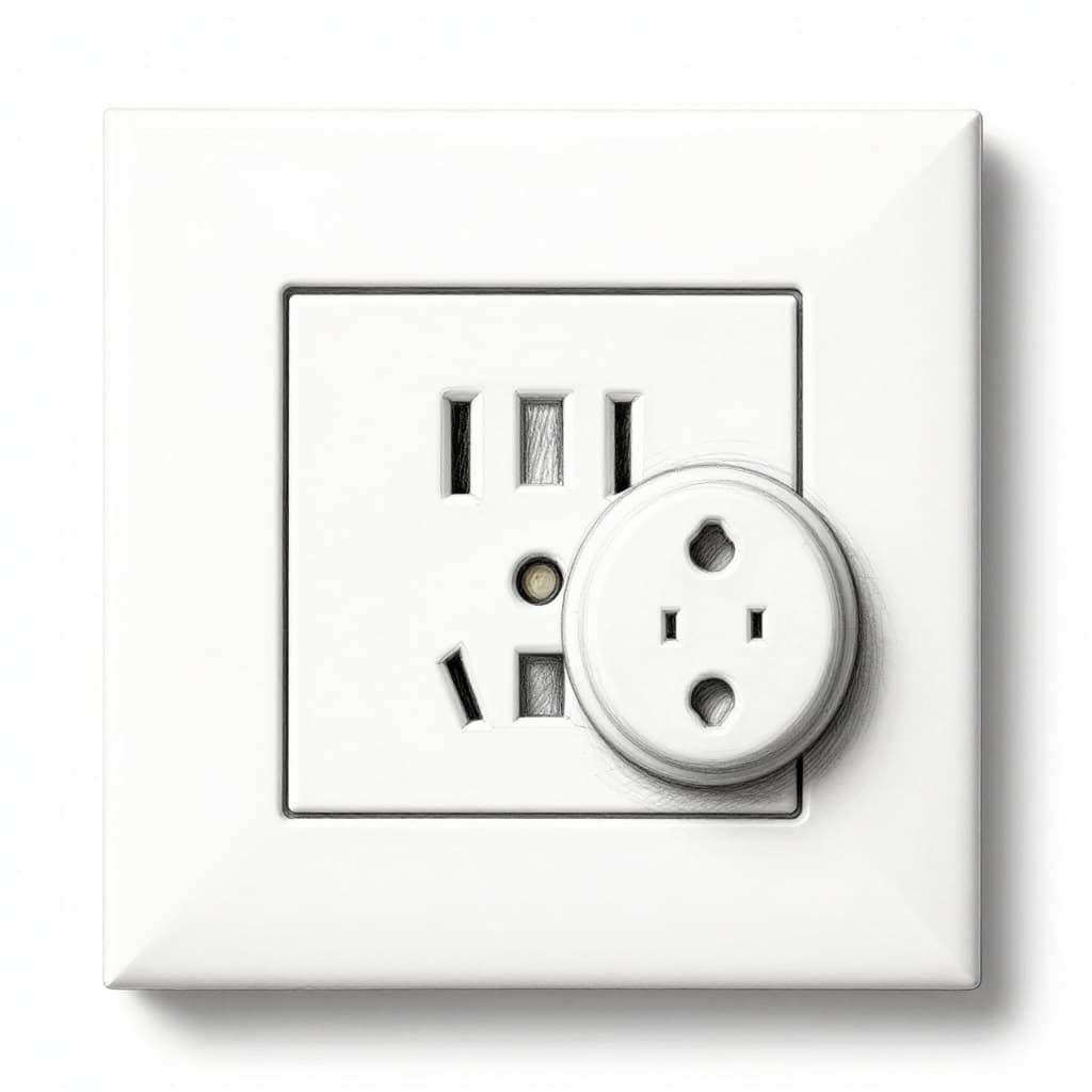 Hand-drawn graphite sketch of a tamper-resistant electrical outlet protected by a child safety cover in a home playroom, with a nearby child toy but no child visible, light shading on clean white background.