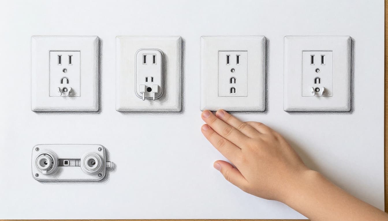 Hand-drawn graphite sketch on white paper showing four types of childproof outlet protectors—plastic plugs, sliding covers, box enclosures, and tamper-resistant outlets—side by side on a home wall, with one child's hand reaching but blocked.