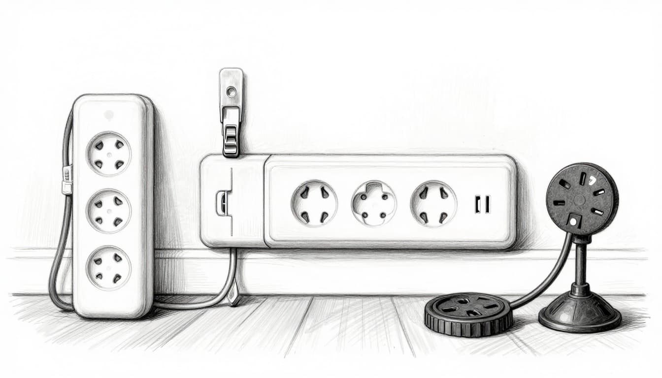Hand-drawn graphite linework sketch with light shading on white background showing childproof power strip cover enclosing plugs and cords, wall cord clips, and rubber floor cord protector. Simple assortment of child safety products, no people, text, or logos.