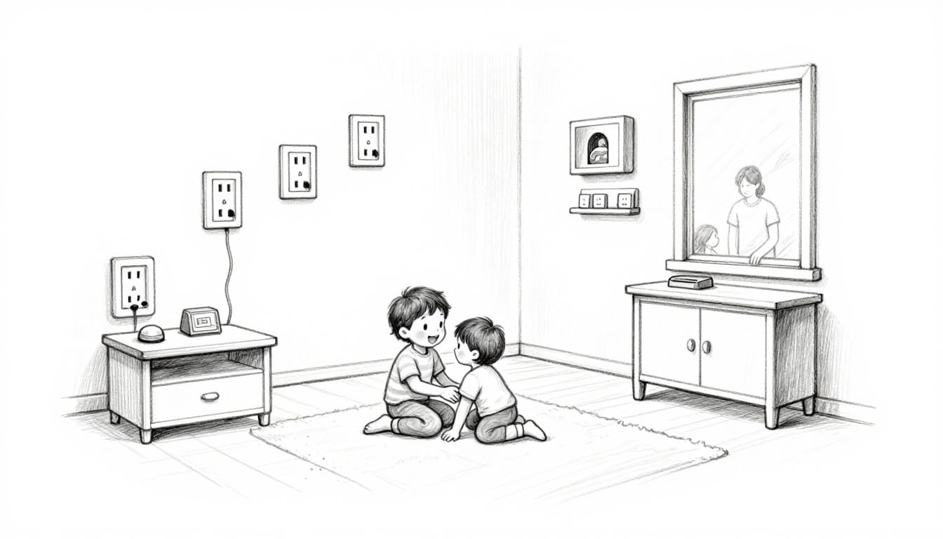 Hand-drawn graphite sketch of a cozy playroom with childproofed electrical outlets, happy toddler playing safely on the floor, and one parent in the background on a clean white paper.