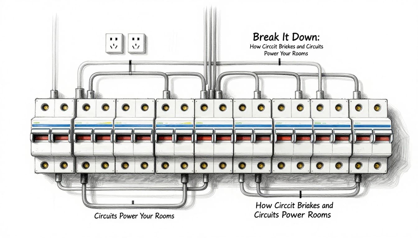Hand-drawn graphite sketch of a circuit breaker panel with some breakers on and off, wires branching to rooms, outlets, lights, and appliances in a simple house layout. Light shading on white background, focusing on the panel and circuit paths, no people or text.
