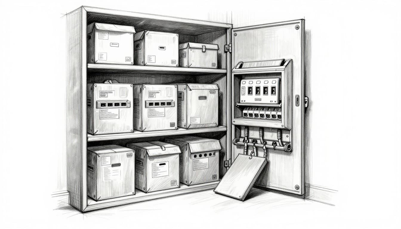 Hand-drawn sketch in split view contrasting a household electrical panel cluttered with boxes and shelves blocking access against a clear 3-foot space around an open panel on clean white paper.