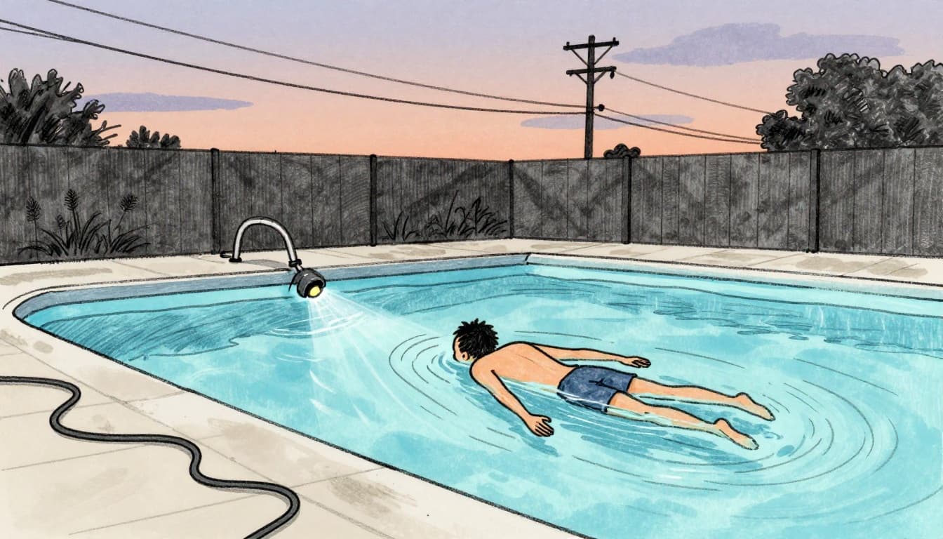 Hand-drawn graphite linework sketch on white background depicting a backyard pool at dusk with faulty underwater light leaking current, paralyzed swimmer floating face down, extension cord on wet deck, and overhead power lines, emphasizing electrical hazards.