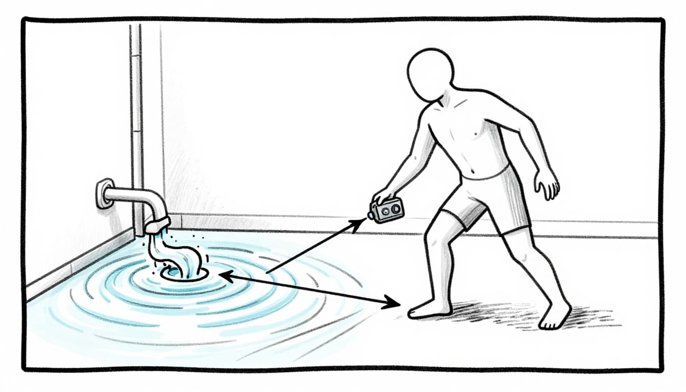 Hand-drawn graphite sketch depicting a human figure paralyzed in shallow water as electric current from a faulty outlet spreads through the water, with arrows illustrating the path to ground, in a wide bathroom floor scene.