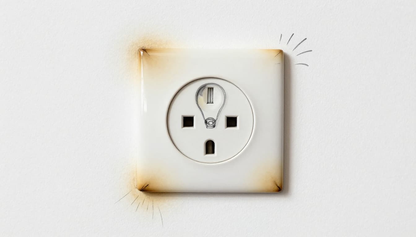 Close-up hand-drawn sketch of a household electrical outlet on a white wall with dark scorch marks and discoloration, next to a wall-mounted light fixture with a dim flickering bulb indicated by wavy lines.