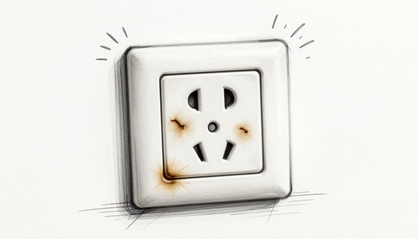 Close-up hand-drawn sketch of a household electrical outlet in a kitchen with scorch marks, buzzing sparks, and implied burning smell via wavy lines. Illustrates key visual warning signs of an electrical fire hazard.