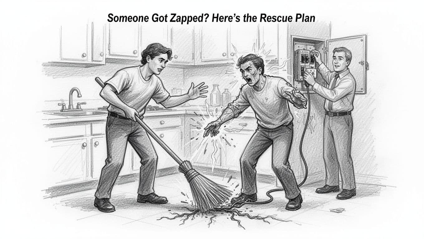 Hand-drawn graphite linework sketch showing a rescuer using a wooden broom to separate a victim from a frayed electrical cord in a kitchen, with a bystander turning off the breaker in the background. Light shading on clean white paper, exactly one helper and one victim, no extra people, no text or watermarks.