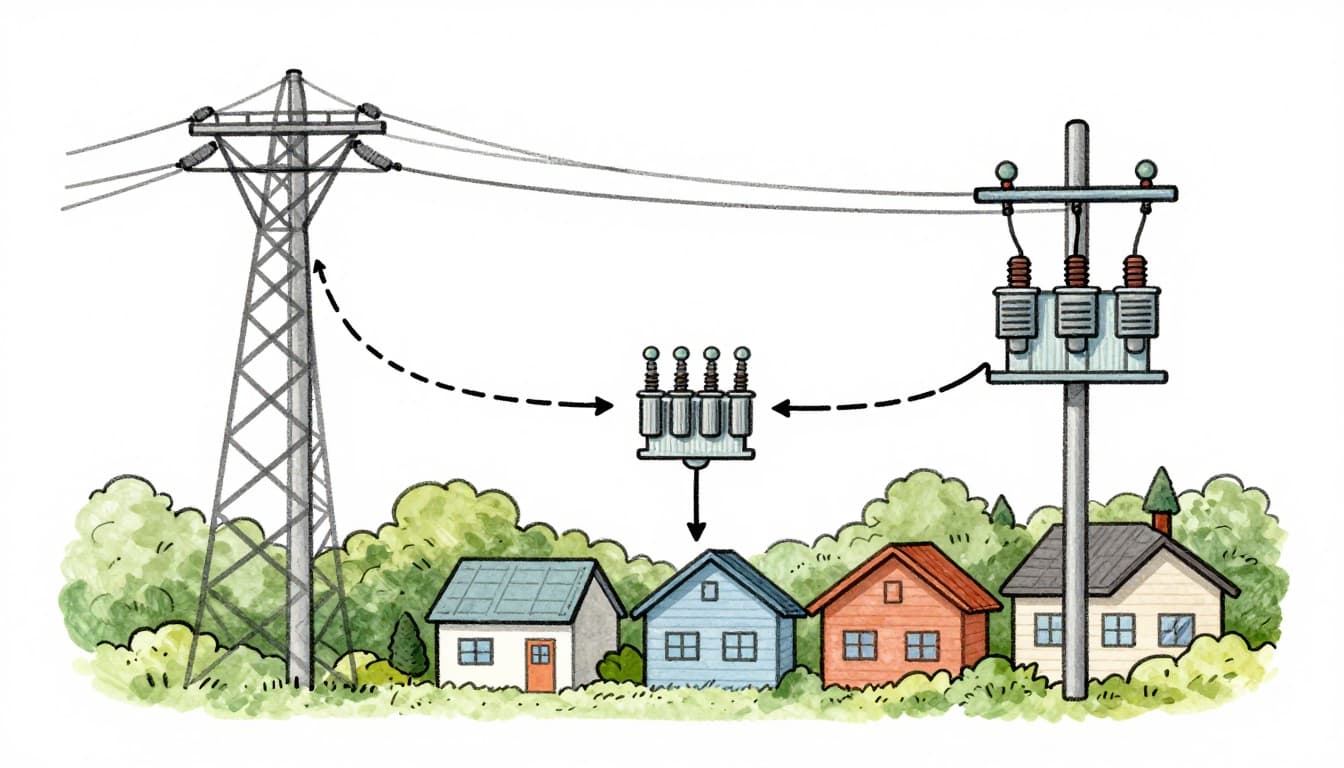 Hand-drawn sketch diagram depicting the electricity path from power plant towers via high-voltage lines, substation, and utility pole transformer to neighborhood houses, using simple icons for power sources and transmission elements on a clean white background.