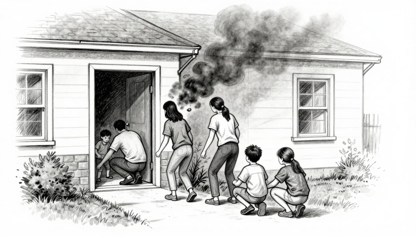 Hand-drawn graphite sketch of a family of four—two adults and two children—crouching low to evacuate their home through the front door during a small electrical fire with smoke, reaching a safe outdoor street.