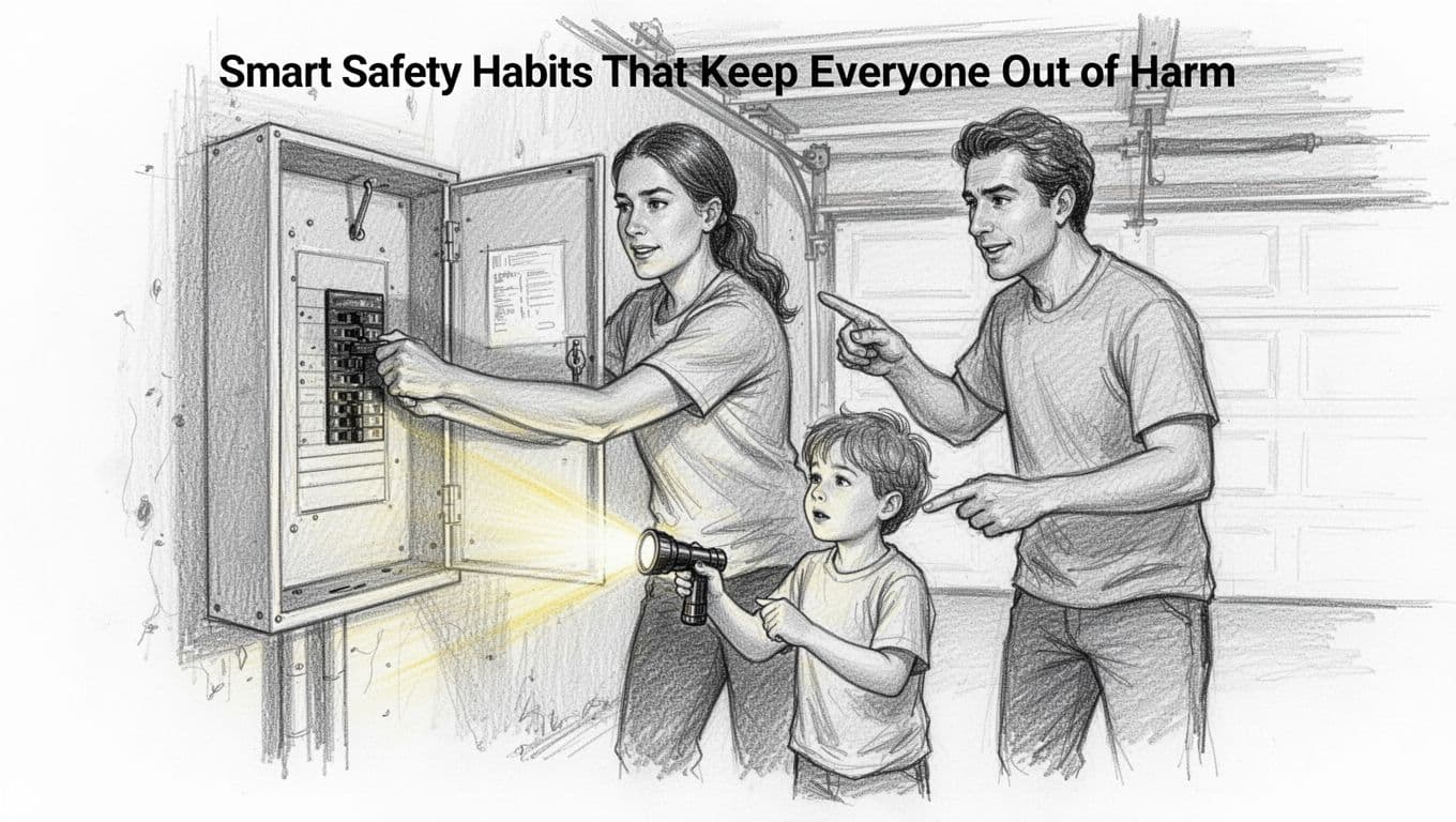 Hand-drawn sketch of a family of three in a home garage practicing shutting off the main breaker during a safety drill, with one adult pulling the lever on an open panel, child holding a flashlight, and other adult pointing, all in casual clothes with focused expressions on clean white background.