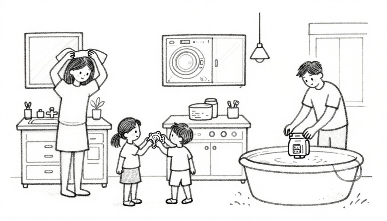 Hand-drawn graphite sketch linework with light shading on white paper background depicting a family safely using appliances in their cozy home: mother drying hair away from sink in bathroom, child unplugging toy with dry hands in kitchen, dad checking pool pump GFCI outdoors; multiple safe scenes from one view with exactly three people each showing two relaxed hands.