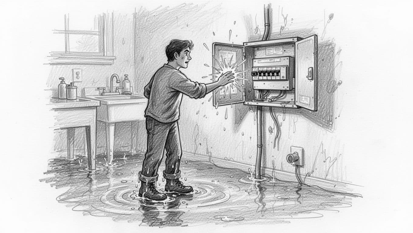 Hand-drawn graphite sketch of a person wearing wet shoes standing in shallow floodwater inside a home utility room, reaching toward an open circuit breaker panel with implied sparks near the hand, emphasizing danger through shading.