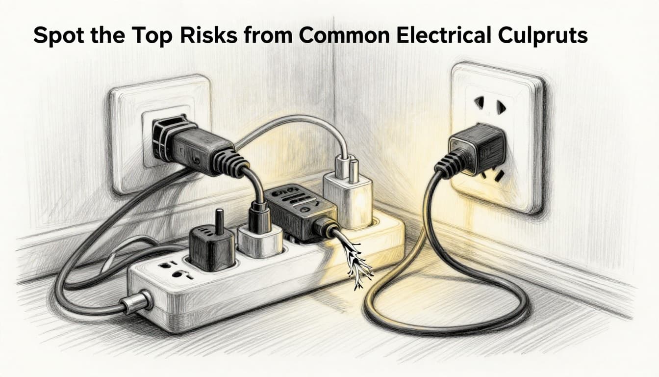 Hand-drawn sketch depicting a frayed electrical cord next to an overloaded power strip with multiple plugs, emphasizing common electrical safety risks.