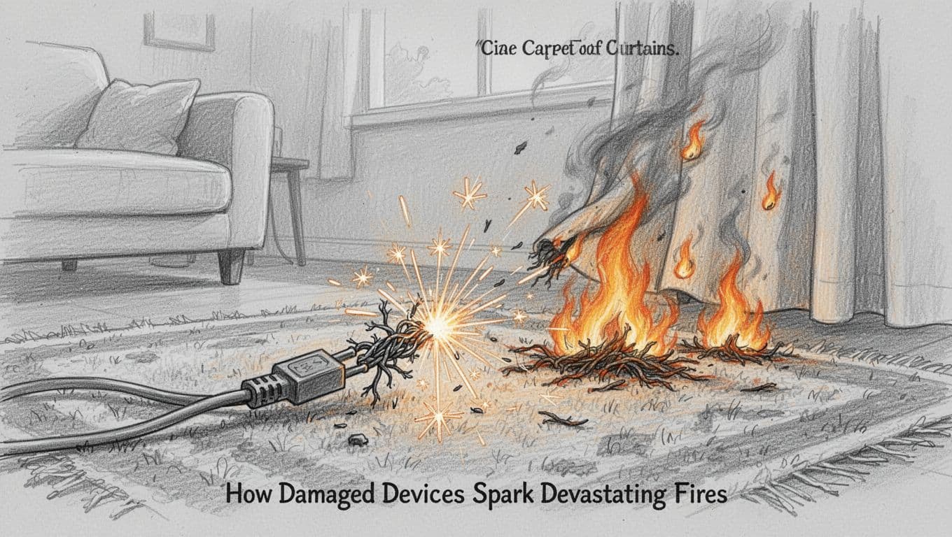 Sparks arcing from a frayed electrical cord on a carpeted living room floor begin igniting nearby curtain fabric and rug fibers in a hand-drawn graphite sketch.