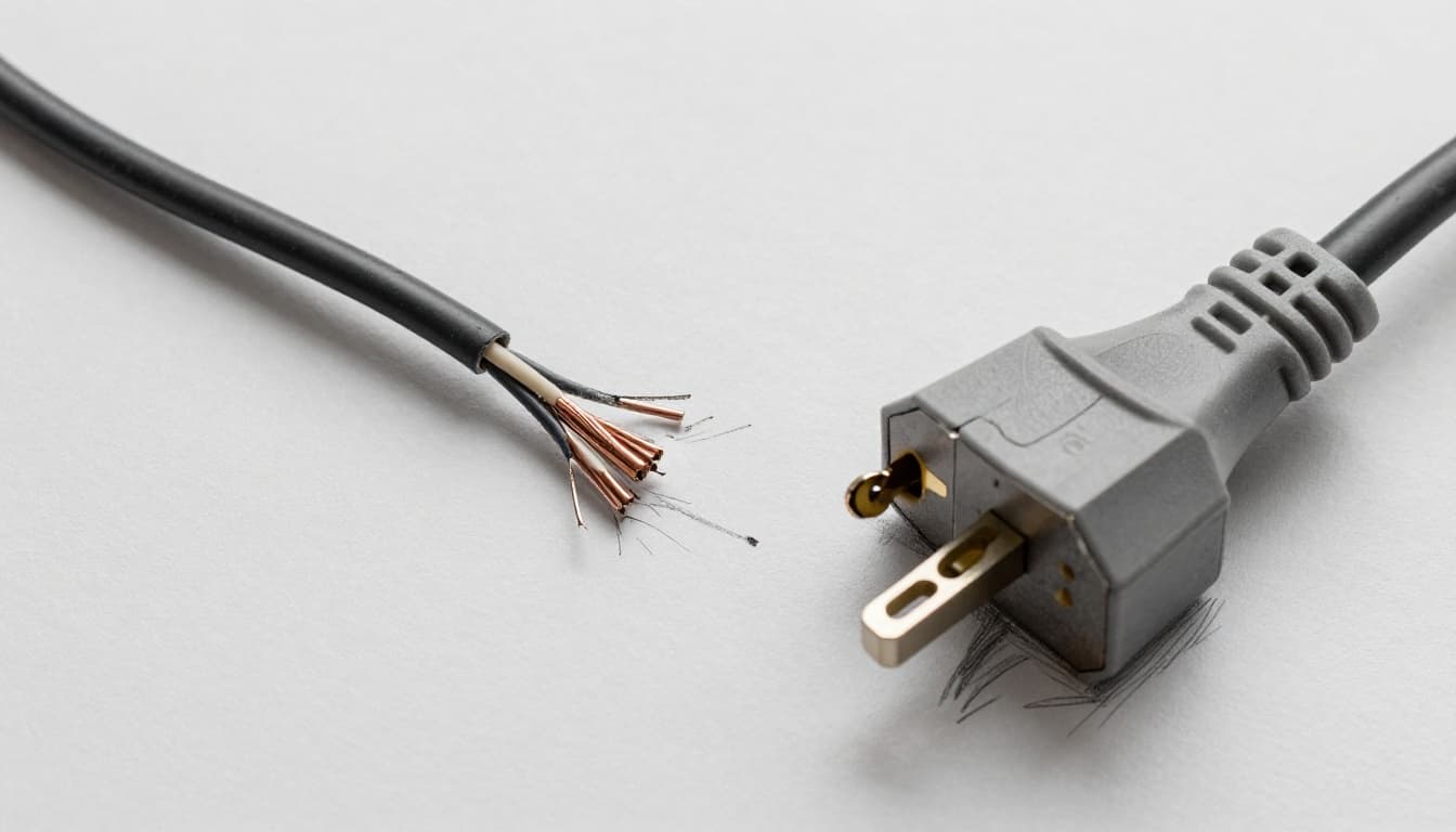 Close-up hand-drawn graphite sketch of a frayed electrical cord exposing copper wires next to a cracked plastic plug with bent prong and burn mark on a plain table.