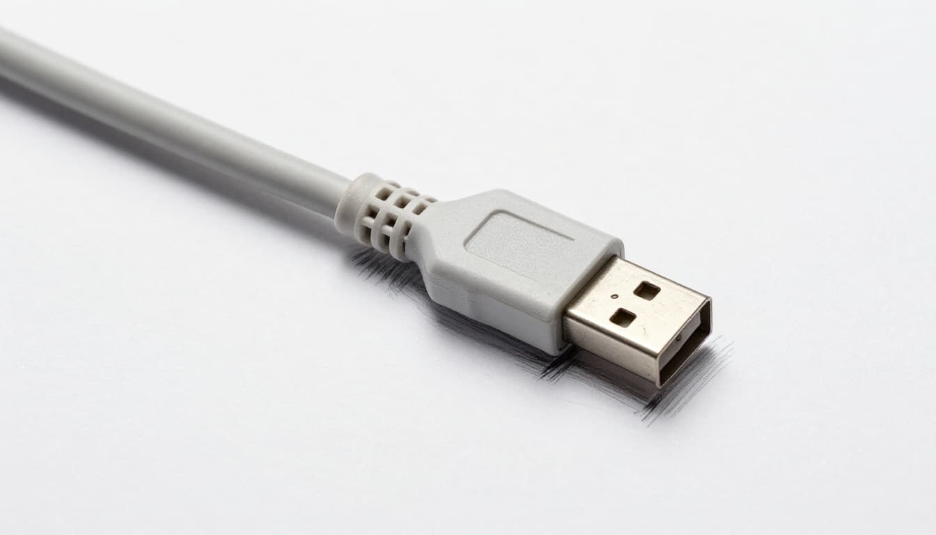 Close-up hand-drawn sketch in graphite linework of a frayed USB charger cable showing exposed wires, bent plug, and swelling insulation on a clean light gray paper background.