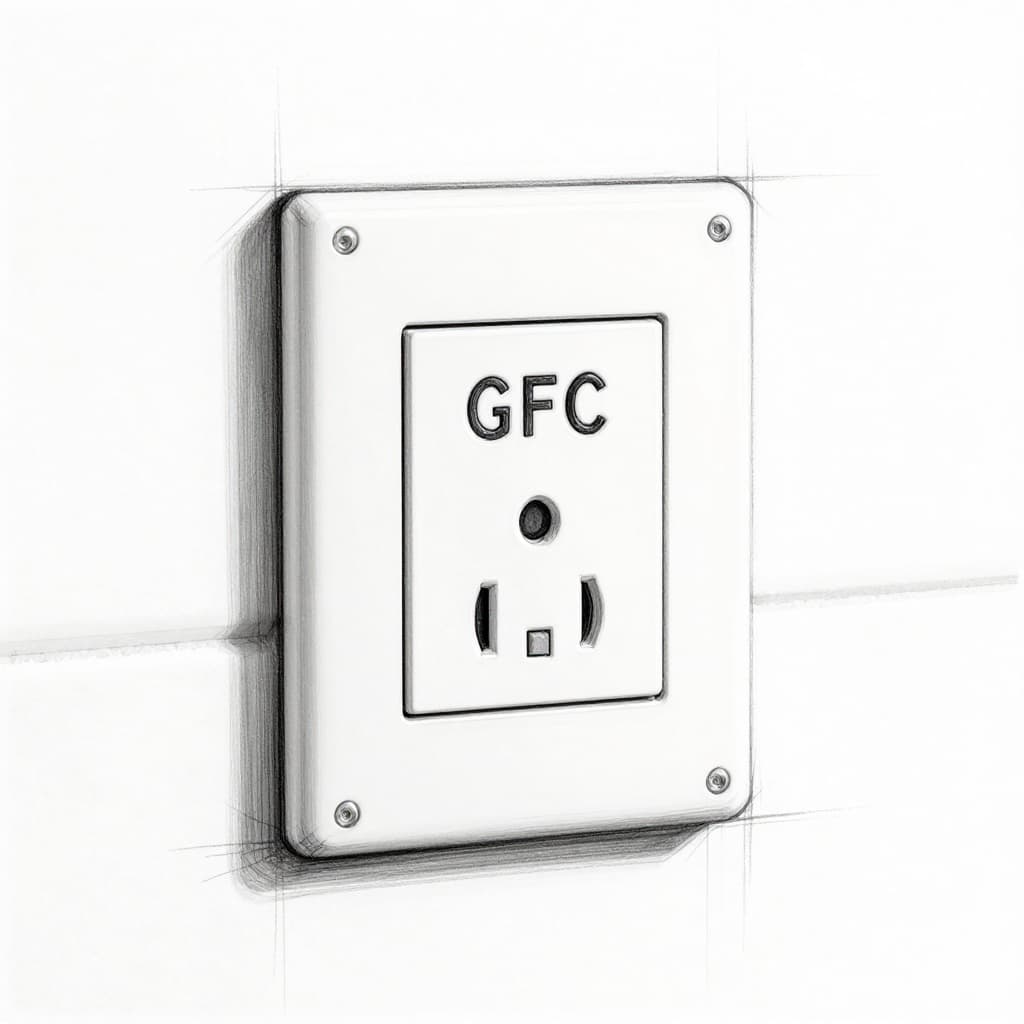 Hand-drawn sketch of a GFCI electrical outlet installed on a bathroom wall near sink, test and reset buttons visible, clean installation, graphite linework light shading clean white background.
