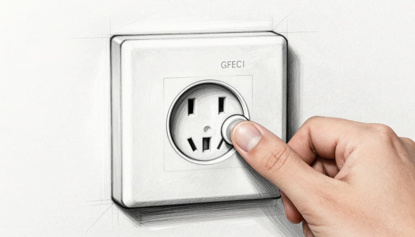 Hand-drawn graphite linework sketch of a GFCI outlet installed in a wet bathroom wall, with a hand pressing the tester button and safe wire connections visible on a clean white background.
