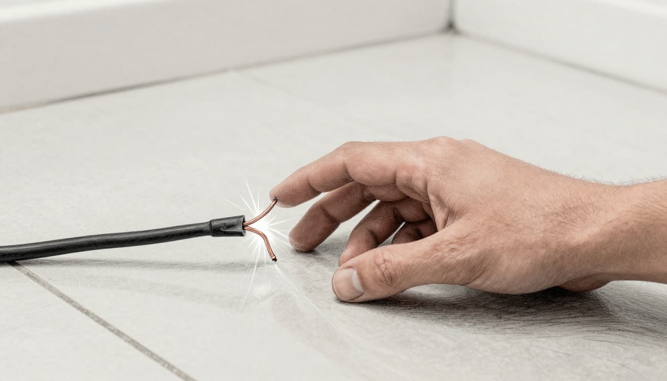 A hand with extended fingers approaches sparking exposed copper wires on a frayed black electrical cord lying on a wet tiled kitchen floor, emphasizing the peril of electric shock in a hand-drawn graphite sketch.