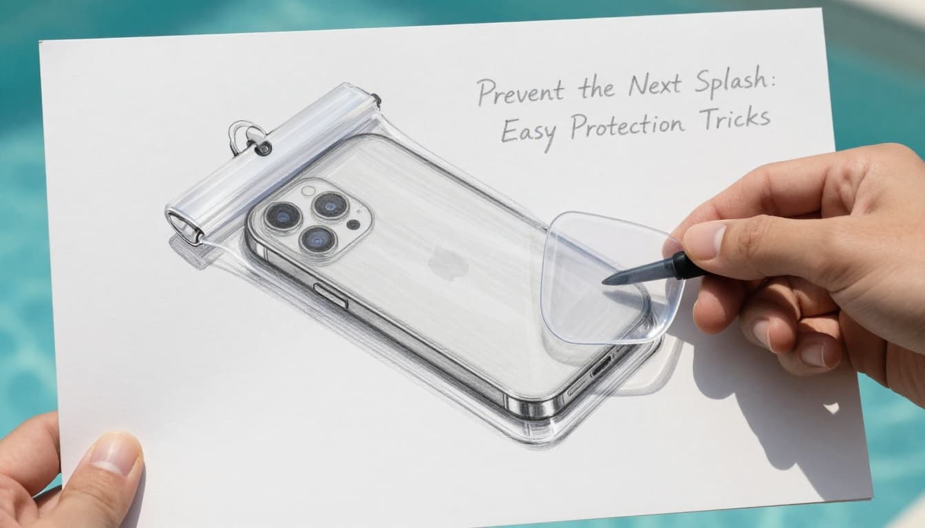Hand-drawn graphite sketch of a smartphone protected inside a transparent waterproof case, held relaxed by one hand near a poolside setting.
