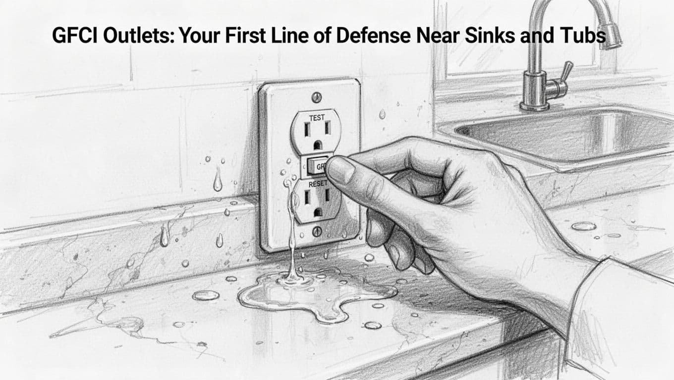 Hand-drawn graphite linework sketch on white paper showing a close-up of a hand pressing the test button on a GFCI outlet near a kitchen sink with water droplets on the counter.