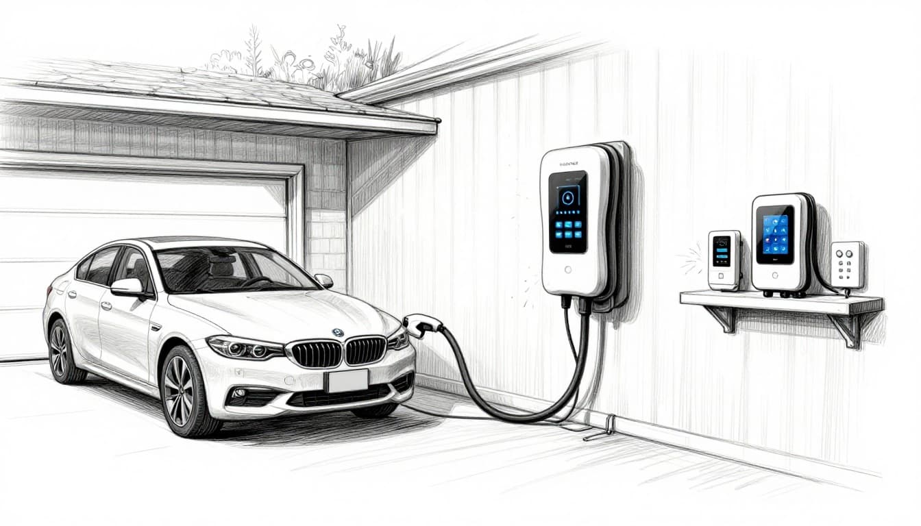 Hand-drawn graphite sketch of a home garage with an electric vehicle plugged into a wall-mounted Level 2 charger, thick cables running to a sparking overloaded electrical panel, and smart home devices on a shelf, on a clean white background.