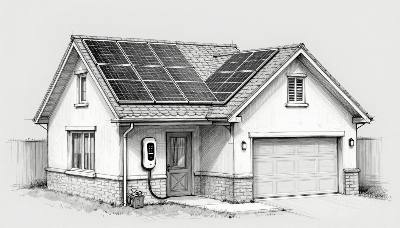 Hand-drawn graphite sketch of a home featuring solar panels on the roof, battery storage, EV charger in the garage, and smart panel connected to the grid. Light linework shading on a light gray background, no people, text, or color fills.