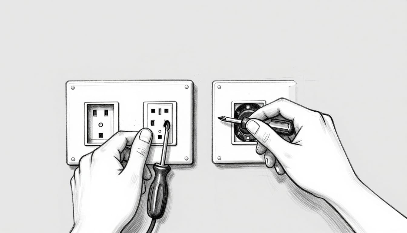 Hand-drawn graphite sketch of a homeowner installing a GFCI outlet near the bathroom sink, with screwdriver and surge protector nearby in a modern setting.