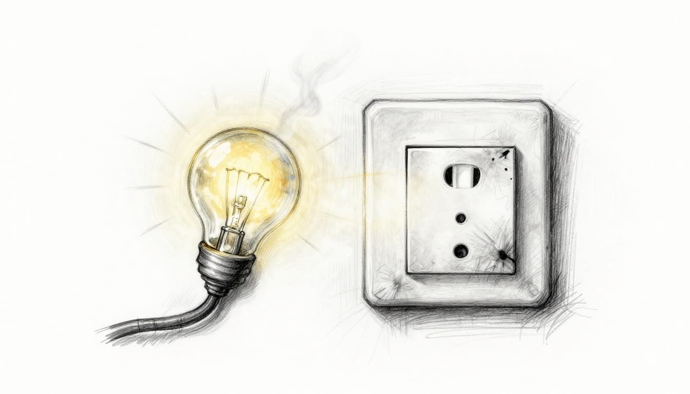 Hand-drawn graphite sketch of a living room wall featuring a hot glowing electrical outlet emitting faint smoke and subtle sparks, a nearby flickering overhead light bulb swinging slightly, and a buzzing wall switch with scorch marks, on a clean white background.