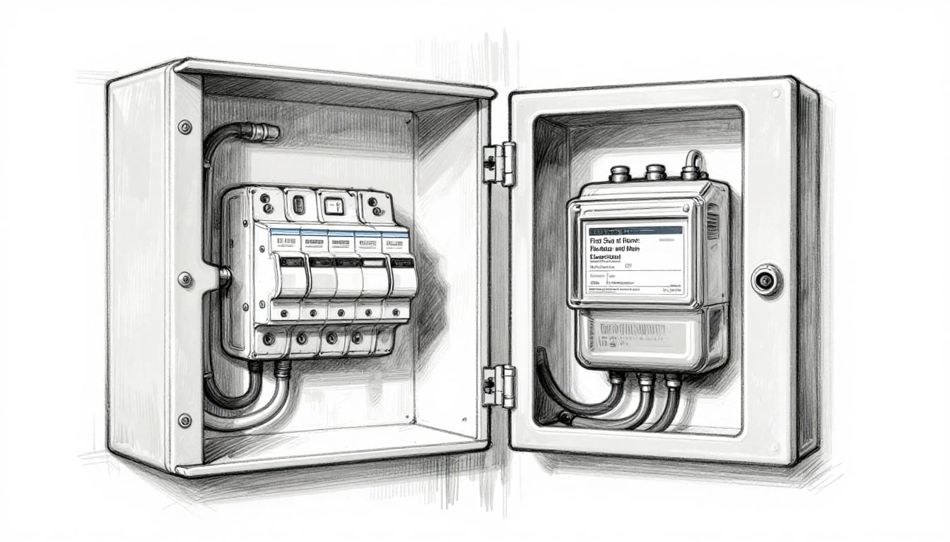 Hand-drawn graphite sketch of an electrical meter on the house exterior connected by wires to the main electrical panel inside the garage, with the panel door open revealing breakers on a clean light gray background.