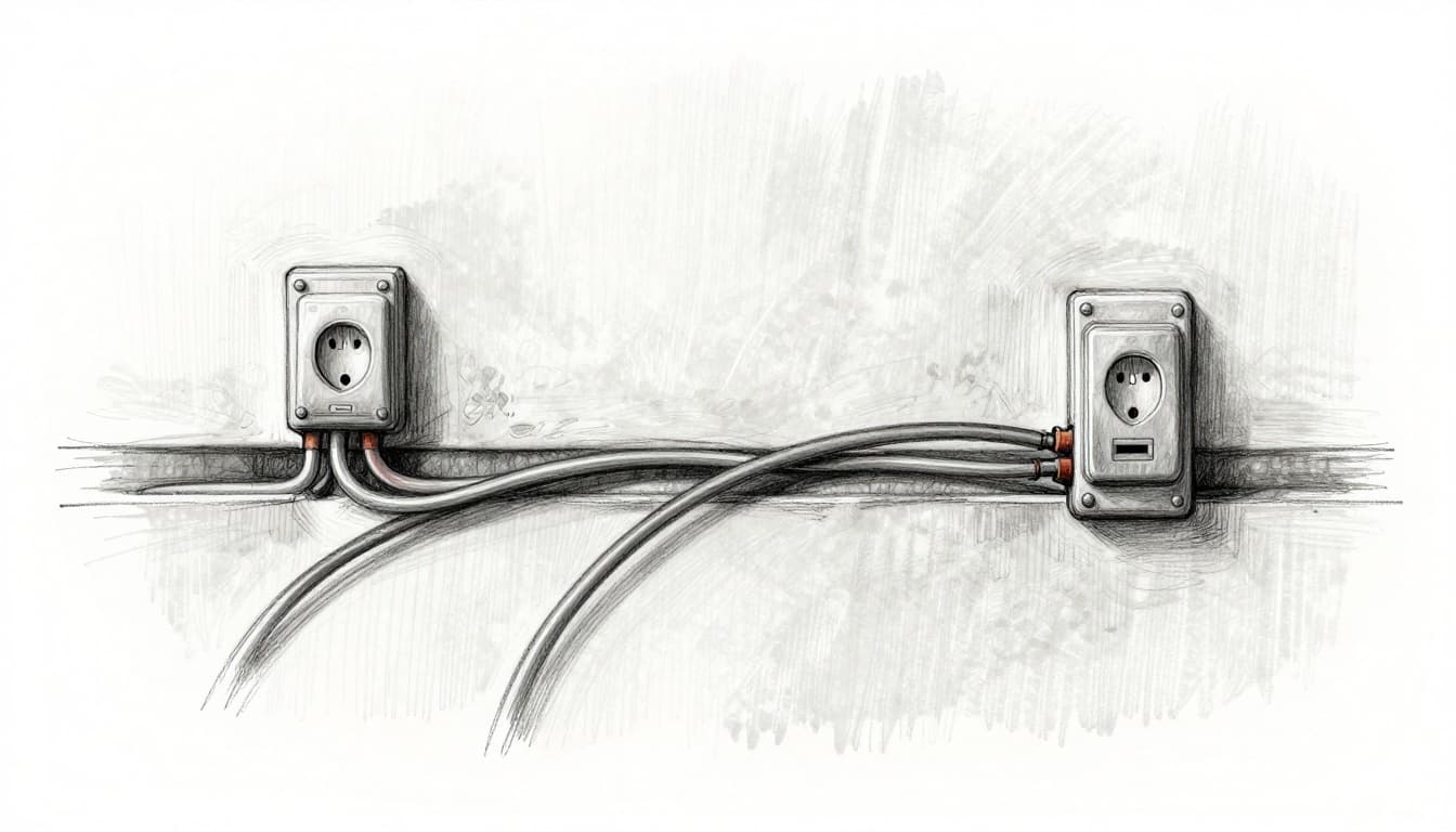 Hand-drawn graphite sketch of electrical wires running through house walls from panel to outlet and light fixture, showing hot, neutral, and ground wires in cross-section view with light shading on gray background.