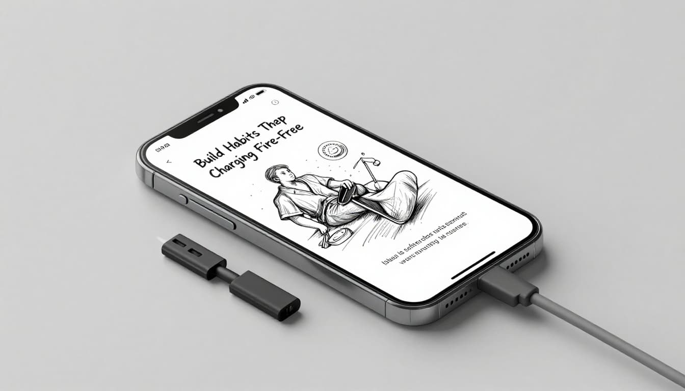 Hand-drawn graphite sketch depicting a smartphone charging safely on a hard flat desk surface in a cool room with open vents, away from bed, and smoke detector nearby; exactly one phone and charger, no people.