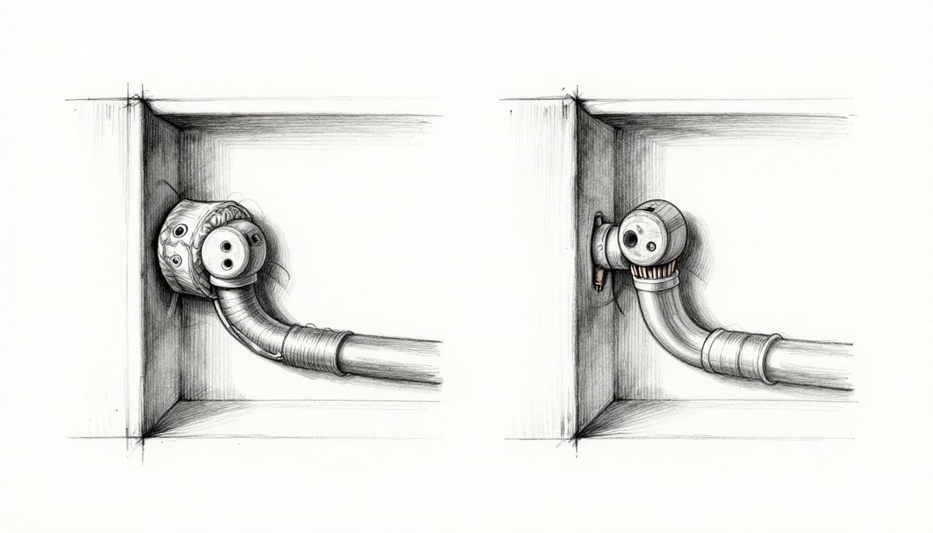Hand-drawn graphite sketch of side-by-side house wall cross-sections comparing outdated knob-and-tube wiring with ceramic knobs and cloth insulation to modern copper wiring with ground wire in conduit, on clean white paper background.