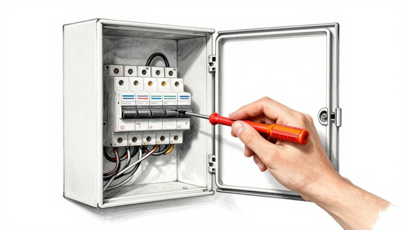 Hand-drawn graphite sketch on white background showing an open breaker panel door ajar with tangled exposed wires, loose breakers, scorch marks, and tools nearby, illustrating electrical tampering risks.