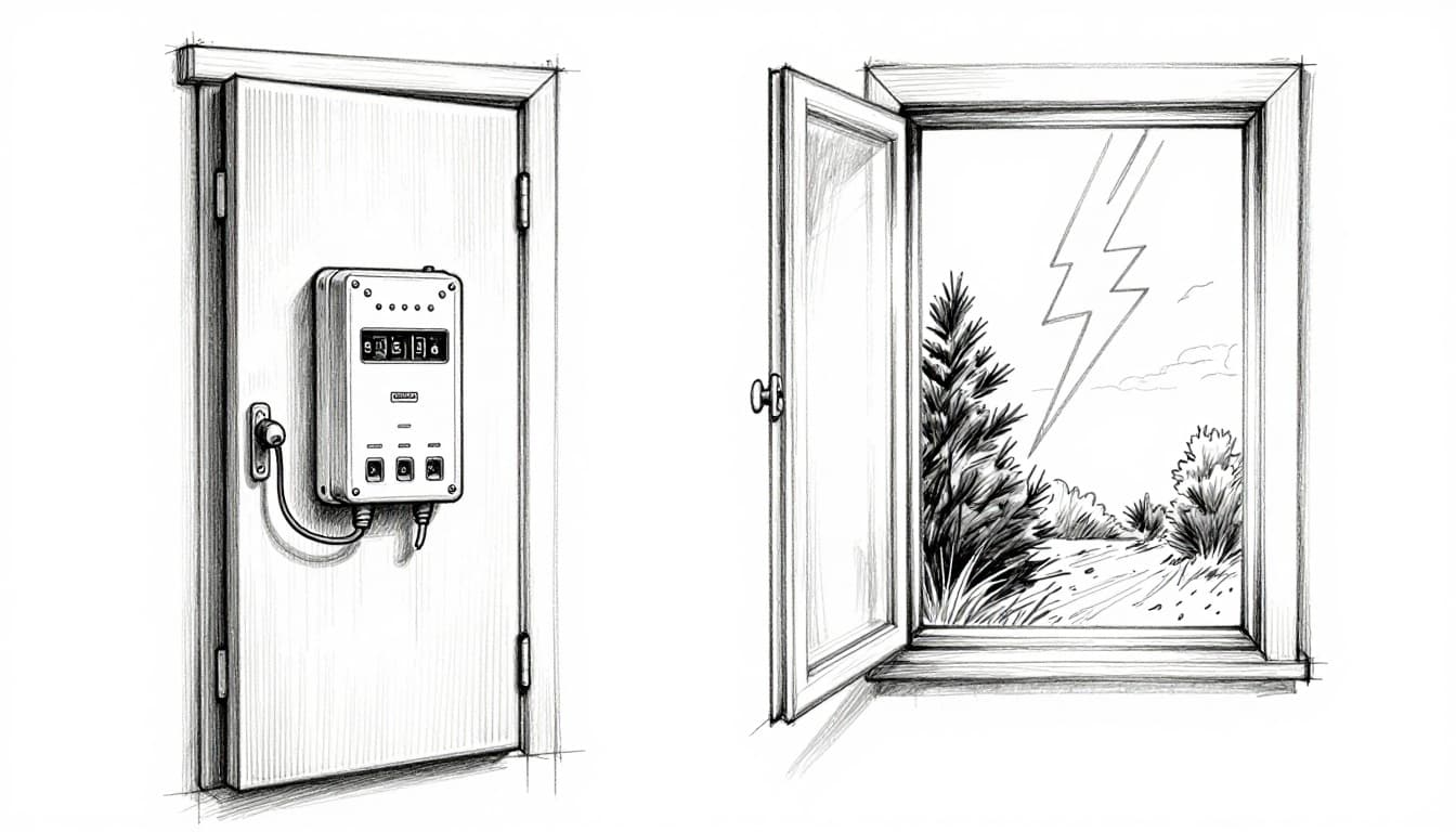 Hand-drawn graphite sketch on white paper showing an open electrical panel door revealing a surge protector device inside a utility room, with a lightning bolt striking a nearby tree outside the window.