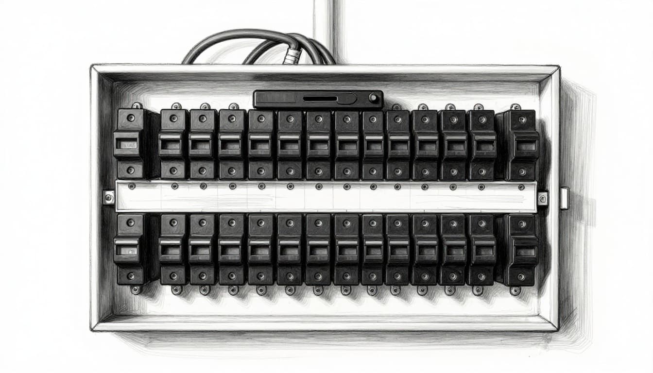 Hand-drawn graphite sketch of an open indoor circuit breaker panel mounted on a wall, featuring rows of black rectangular breakers, a main breaker lever at the top, and wires entering from above, in a garage or utility room setting with clean white background.