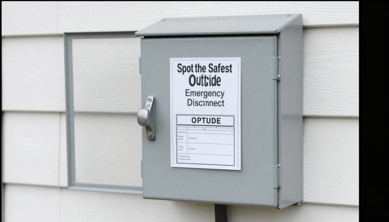 Hand-drawn sketch of an exterior house wall showing an electric meter and nearby outside emergency disconnect switch with a large lever handle on a gray metal box. Daytime close-up with graphite linework, light shading, and clean white paper background.