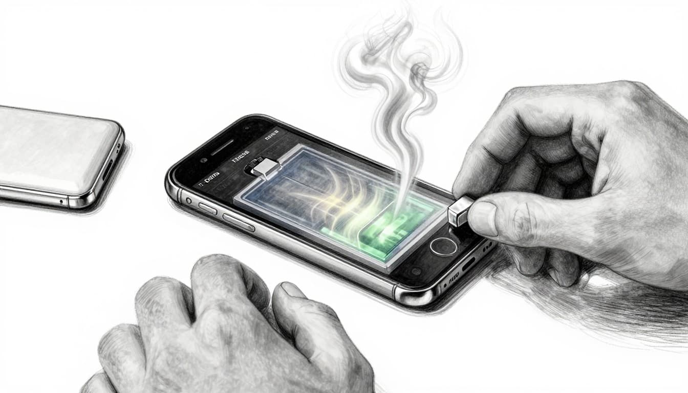 Hand-drawn graphite sketch of a smartphone on a table, battery overheating with smoke rising and heat waves visible inside transparent case.