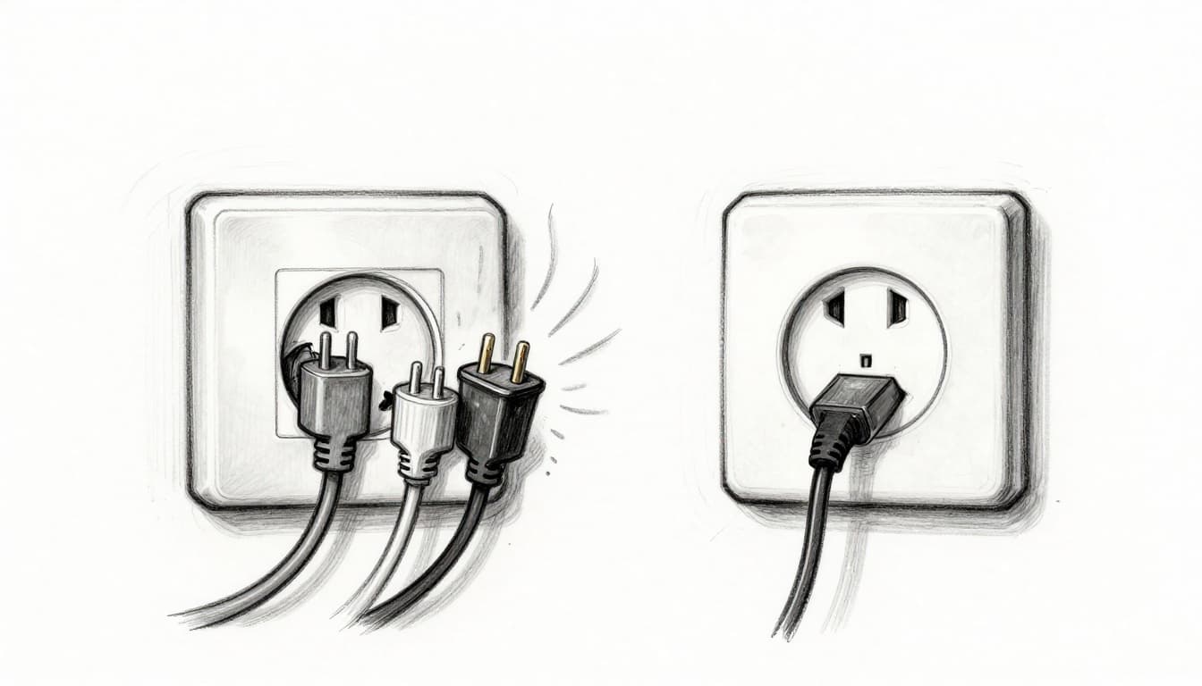 Hand-drawn graphite sketch of a household electrical outlet overloaded with daisy-chained extension cords for a space heater, TV, and chargers, showing heat waves, sparks, and a melting plug, contrasted side-by-side with a safe single-plug outlet on a wall.