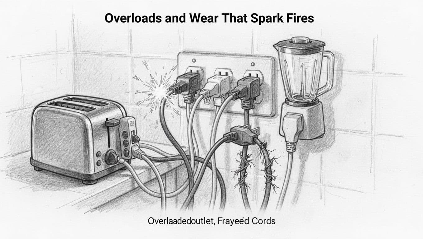 Hand-drawn graphite linework sketch on white paper showing a bathroom or kitchen outlet overloaded with cords from toaster, microwave, and blender, featuring faint sparks and a frayed cord.