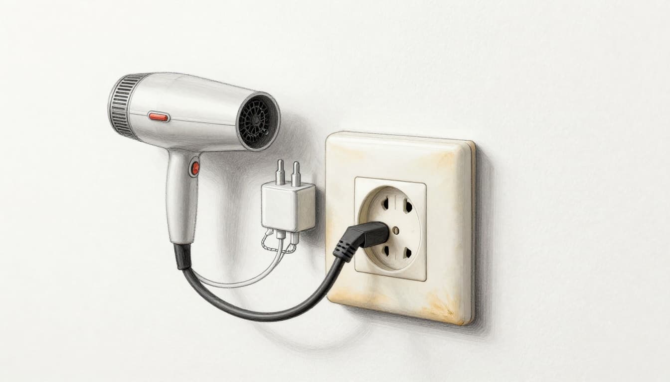 Hand-drawn sketch of a wall power socket overloaded with a power strip connected to high-draw appliances like space heater, hair dryer, toaster, and chargers in a home setting, showing warm and discolored socket cover.