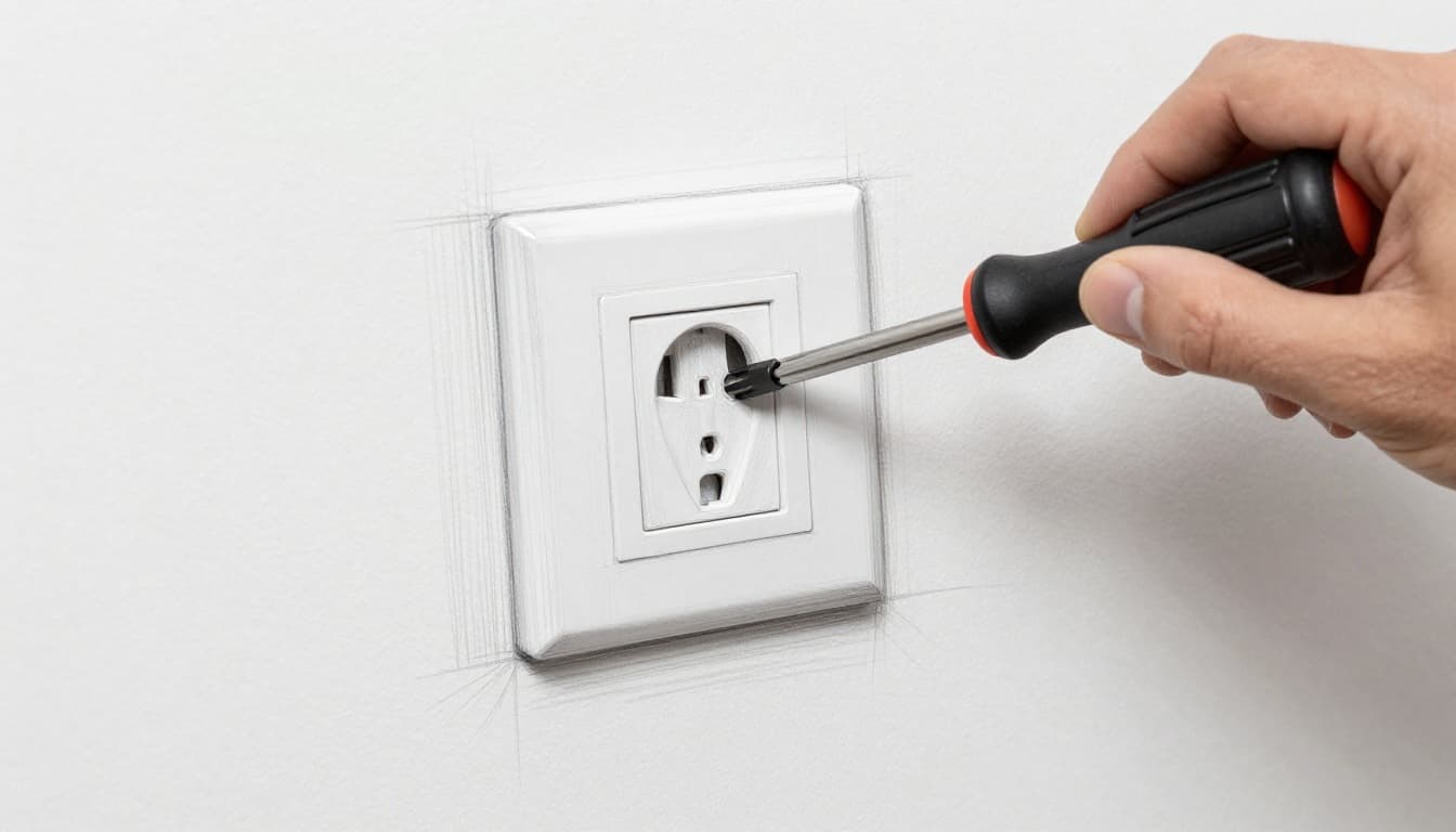 Hand-drawn graphite sketch on white paper showing one adult hand using a screwdriver to install a sliding outlet cover on a nursery wall, with tools nearby and light shading for a safe home installation scene.