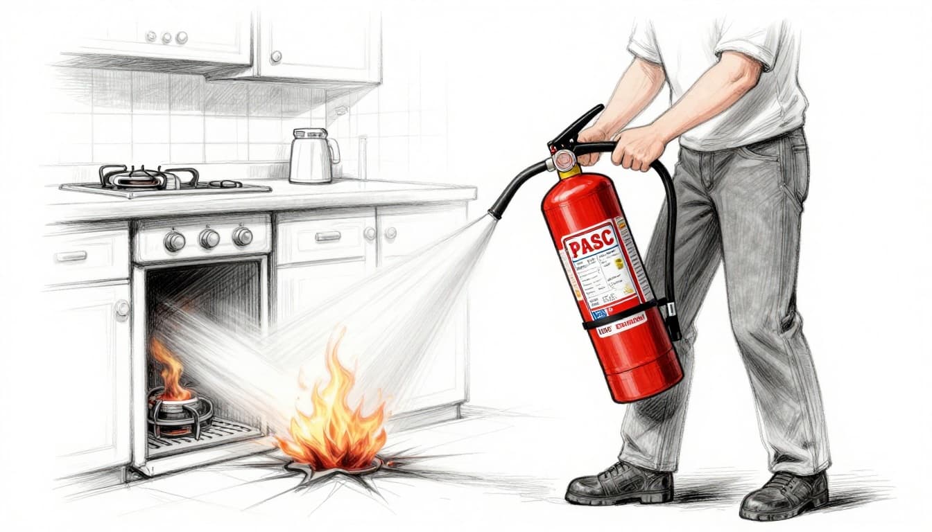 Hand-drawn sketch of a single person standing 6-8 feet from a small electrical appliance fire on a kitchen counter, correctly using an ABC fire extinguisher: pin pulled, nozzle aimed low at base, sweeping side to side with relaxed two-handed grip.